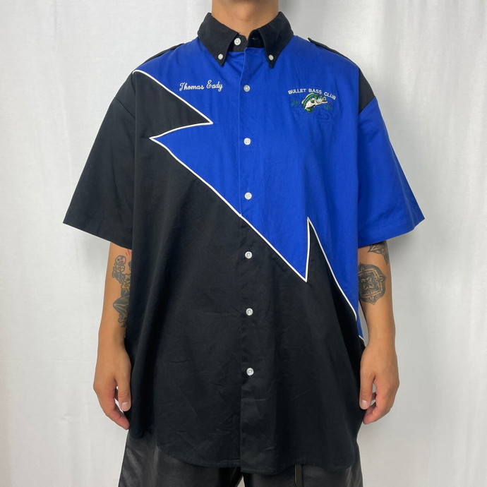 90年代 SPEEDZONE 企業ロゴ刺繍 バック刺繍 ブラックバス 半袖シャツ