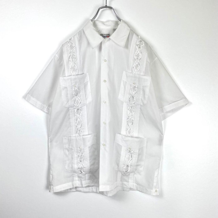 古着 豪華刺繍 ヴィンテージ キューバシャツ 4つポケット 白 ホワイト 