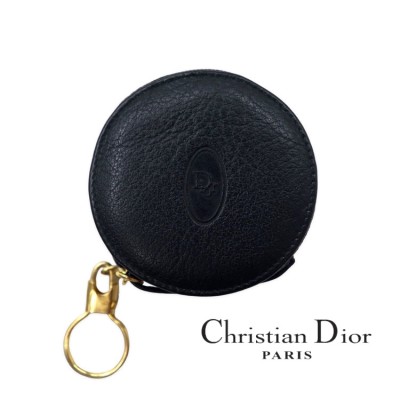 Christian Dior ラウンド コインケース キーホルダー ブラック レザー