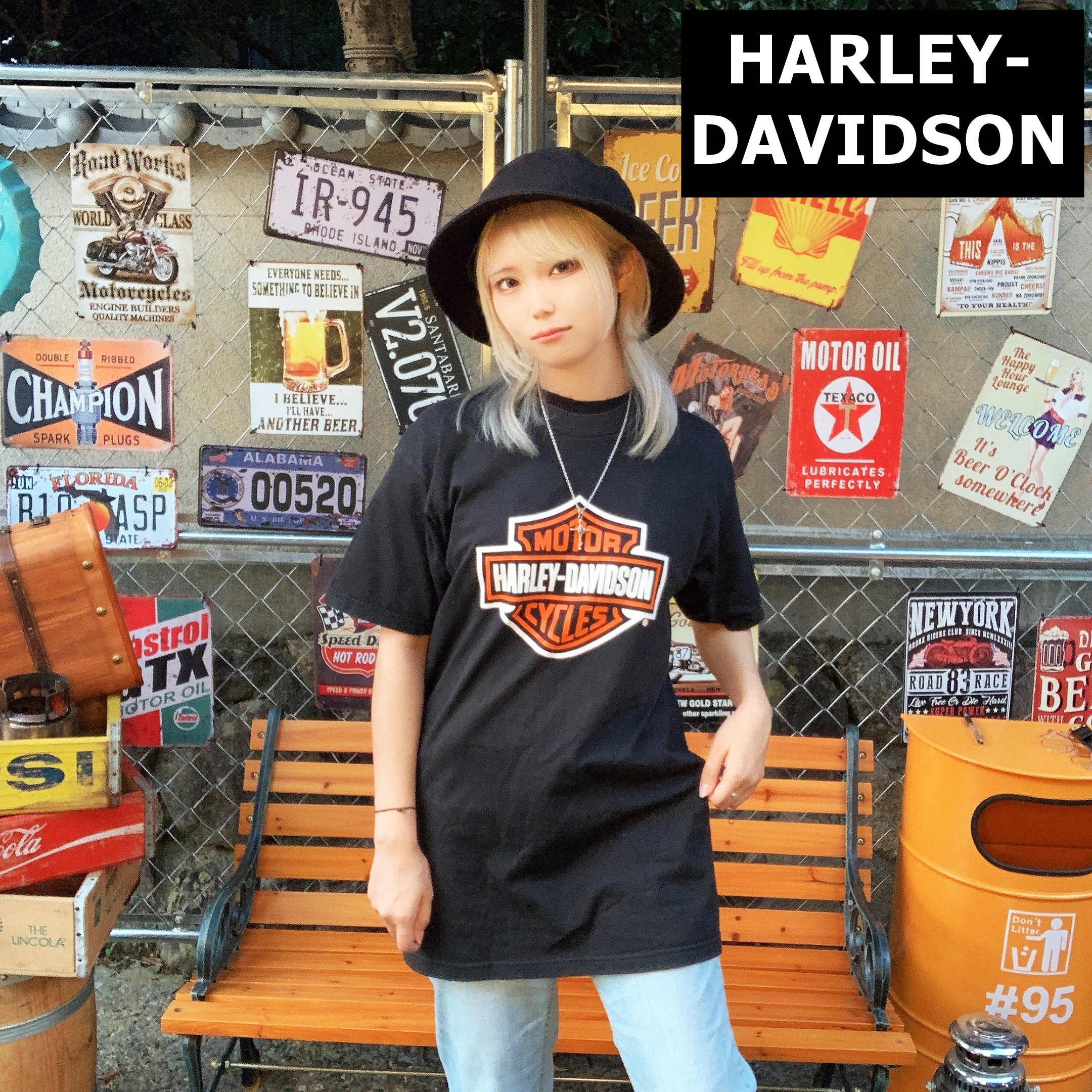 ハーレーダビッドソン プリントTシャツ M ブラック 胸ロゴ 半袖 オレンジ