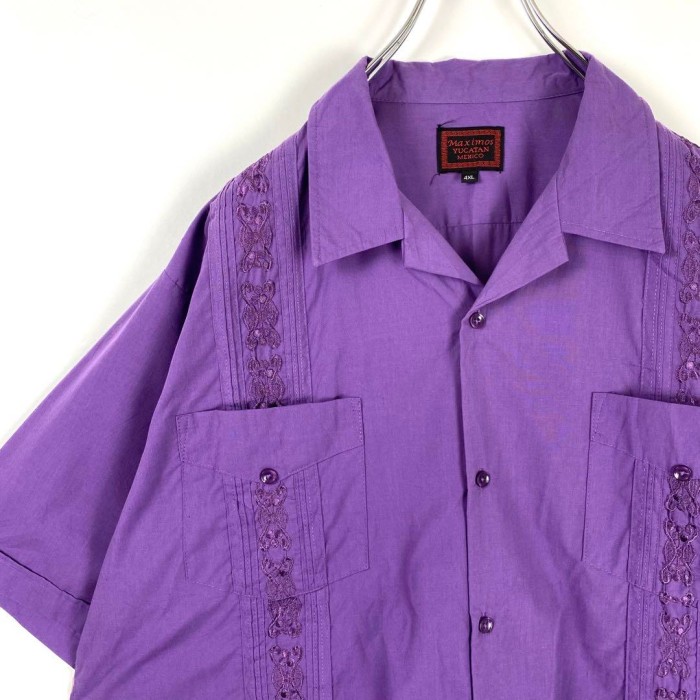 90s 古着 キューバシャツ オープンカラー 豪華刺繍 紫 パープル 4XL