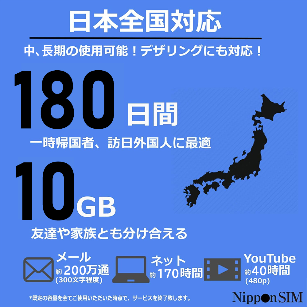 日本国内用 180日間10GB プリペイドsim ドコモ フルMVNO IIJ