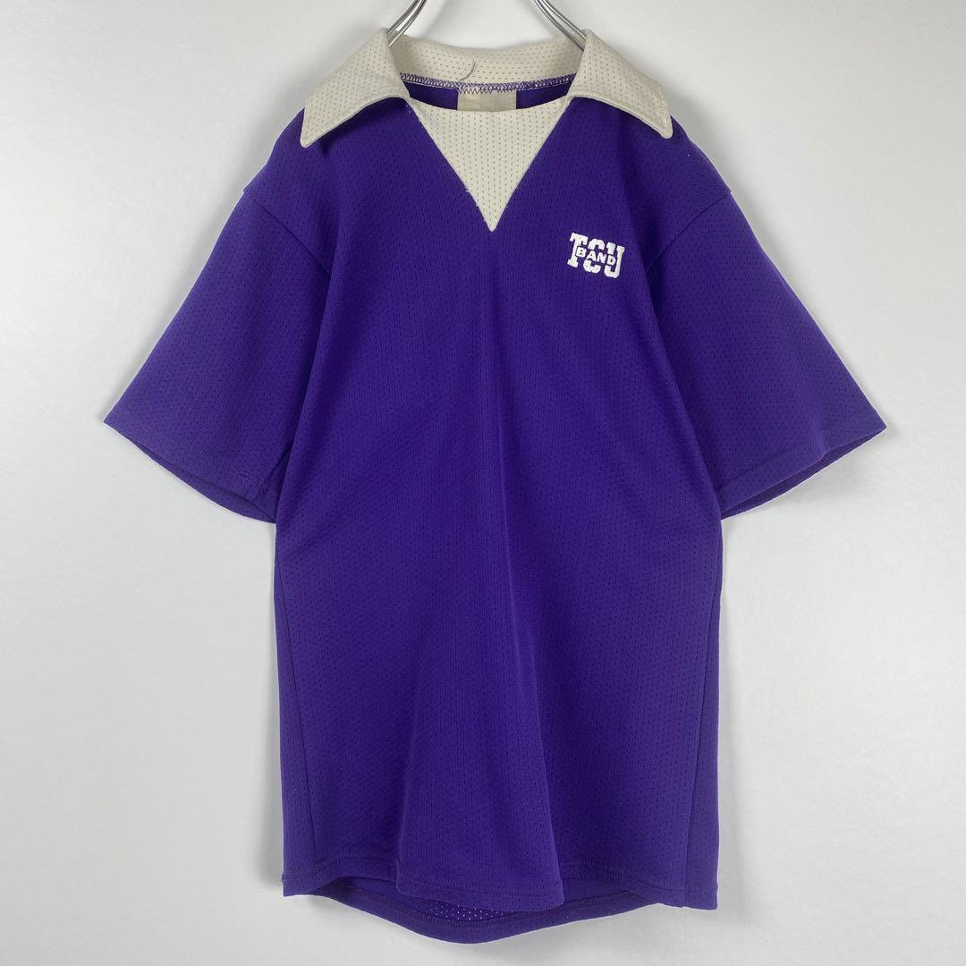 70s ヴィンテージ 襟付き メッシュ ゲームシャツ TCU BAND 白紫 S