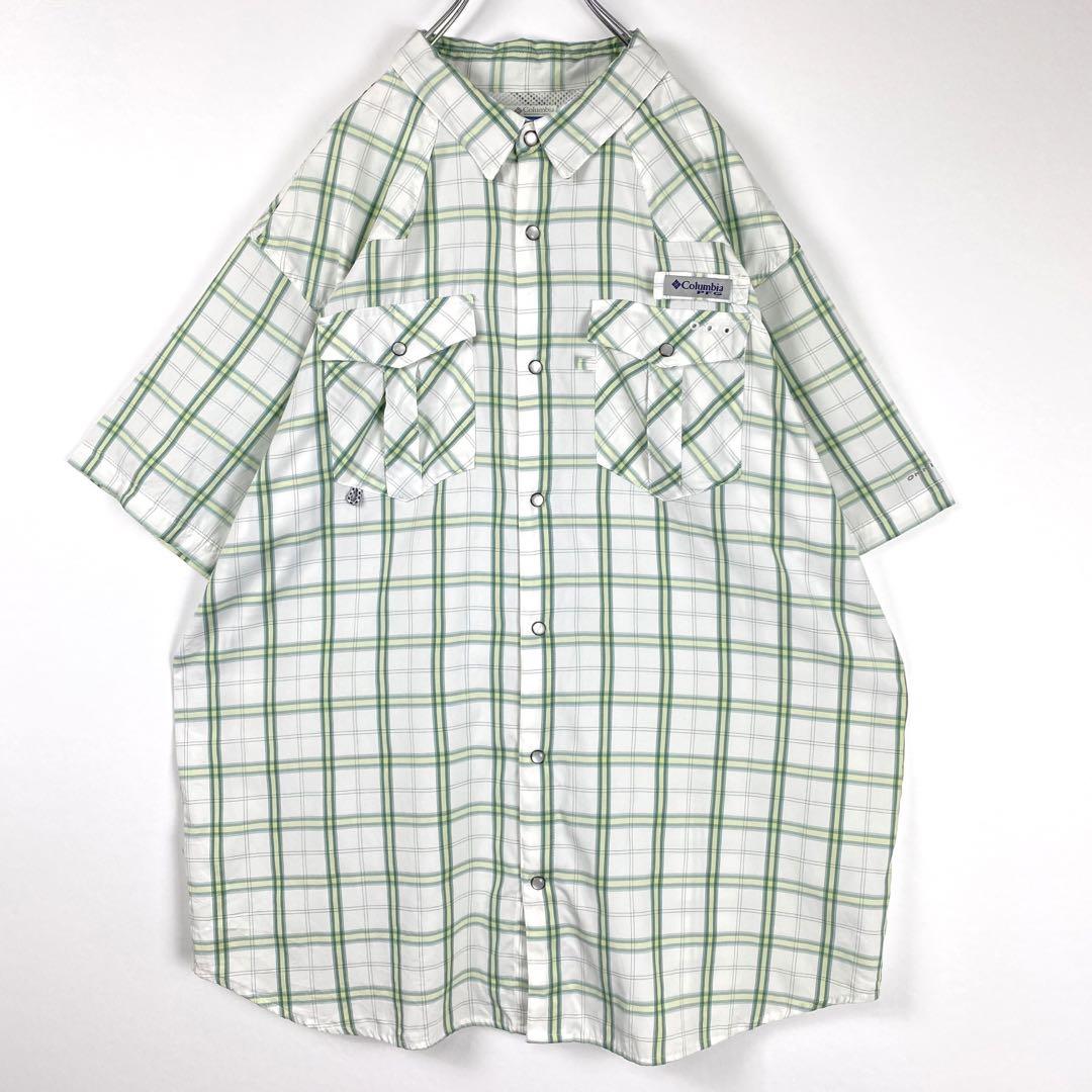古着 コロンビア PFG フィッシングシャツ チェック ウエスタン 白緑 XL