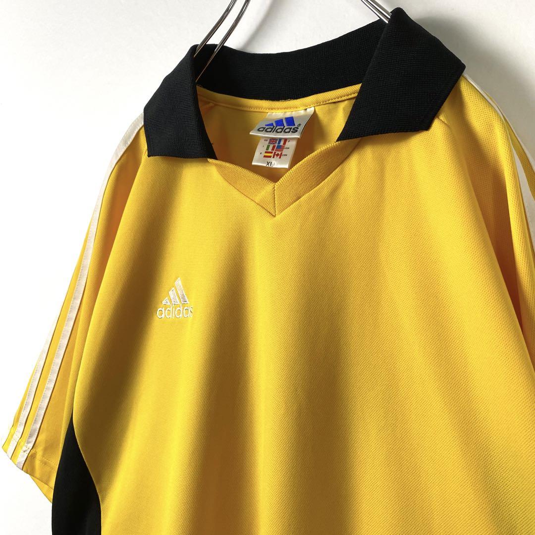 00s アディダス サッカー ゲームシャツ 襟付き 刺繍ロゴ 袖ライン 黒黄