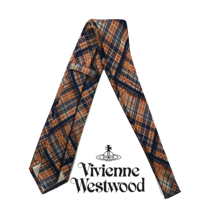Vivienne Westwood ネクタイ ネイビー オレンジ チェック シルク
