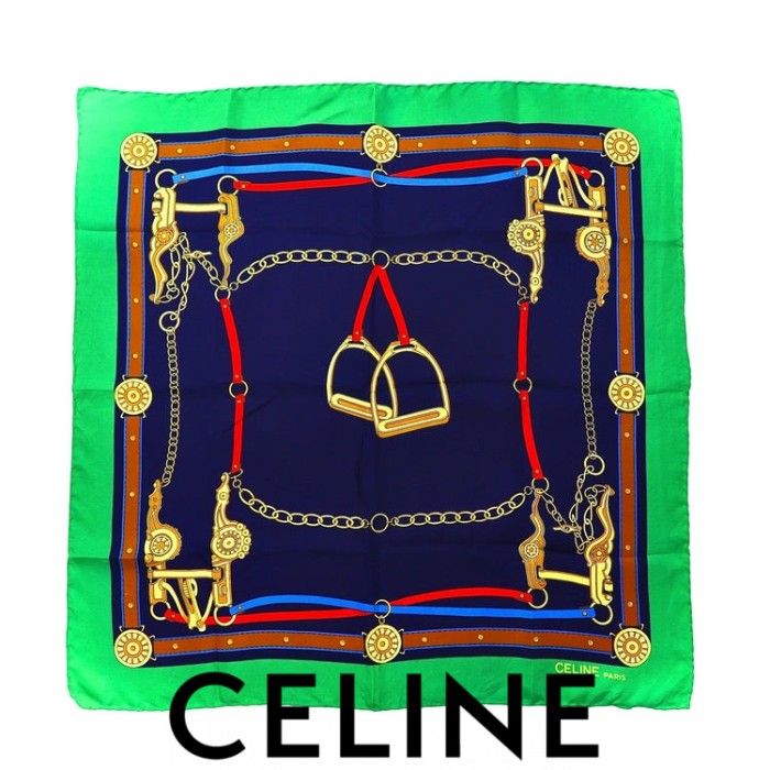 CELINE スカーフ グリーン ネイビー シルク 総柄 イタリア製 | Vintage