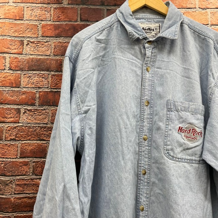 シャツ【大きめ】ハードロックカフェ ビンテージシャツ デニム 刺繍 ワンポイント