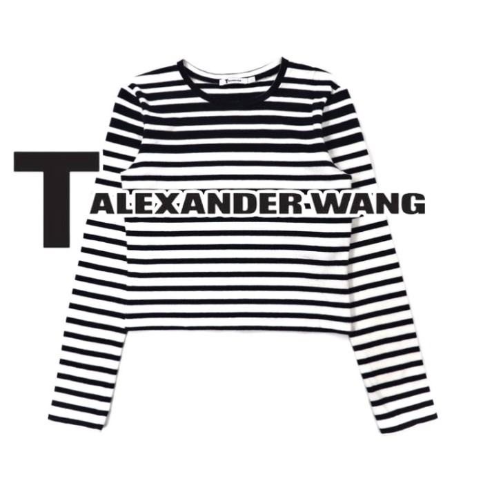 T BY ALEXANDER WANG クロップドボーダーTシャツ M ネイビー コットン
