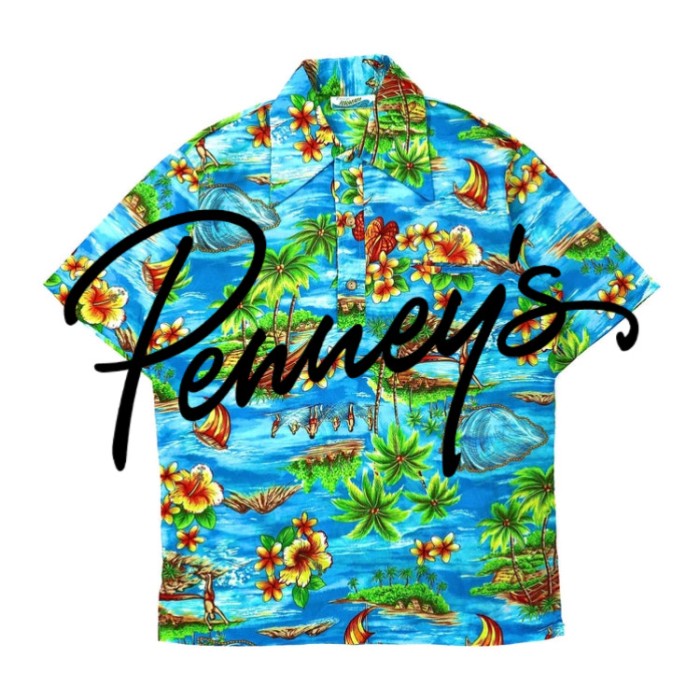 70s Pennys HAWAII アロハシャツ L ブルー 花柄 コットン 70年代 ...