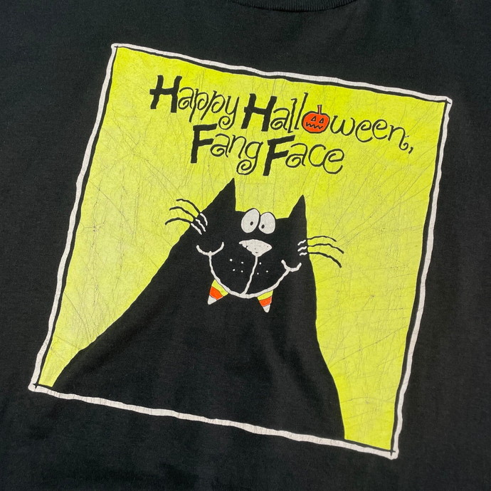 80年代 Happy Halloween Fang Face 黒猫 キャラクター プリントTシャツ