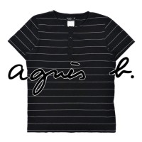 agnes b. homme ヘンリーネックTシャツ 0 ブラック ボーダー スモールロゴ刺繍 ポルトガル製 | Vintage.City 古着屋、古着コーデ情報を発信