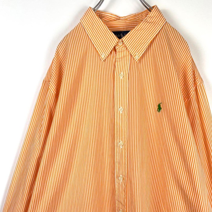 90s 古着 ラルフローレン ストライプシャツ 刺繍ロゴ 白 オレンジ 2XL | Vintage.City 빈티지숍, 빈티지 코디 정보