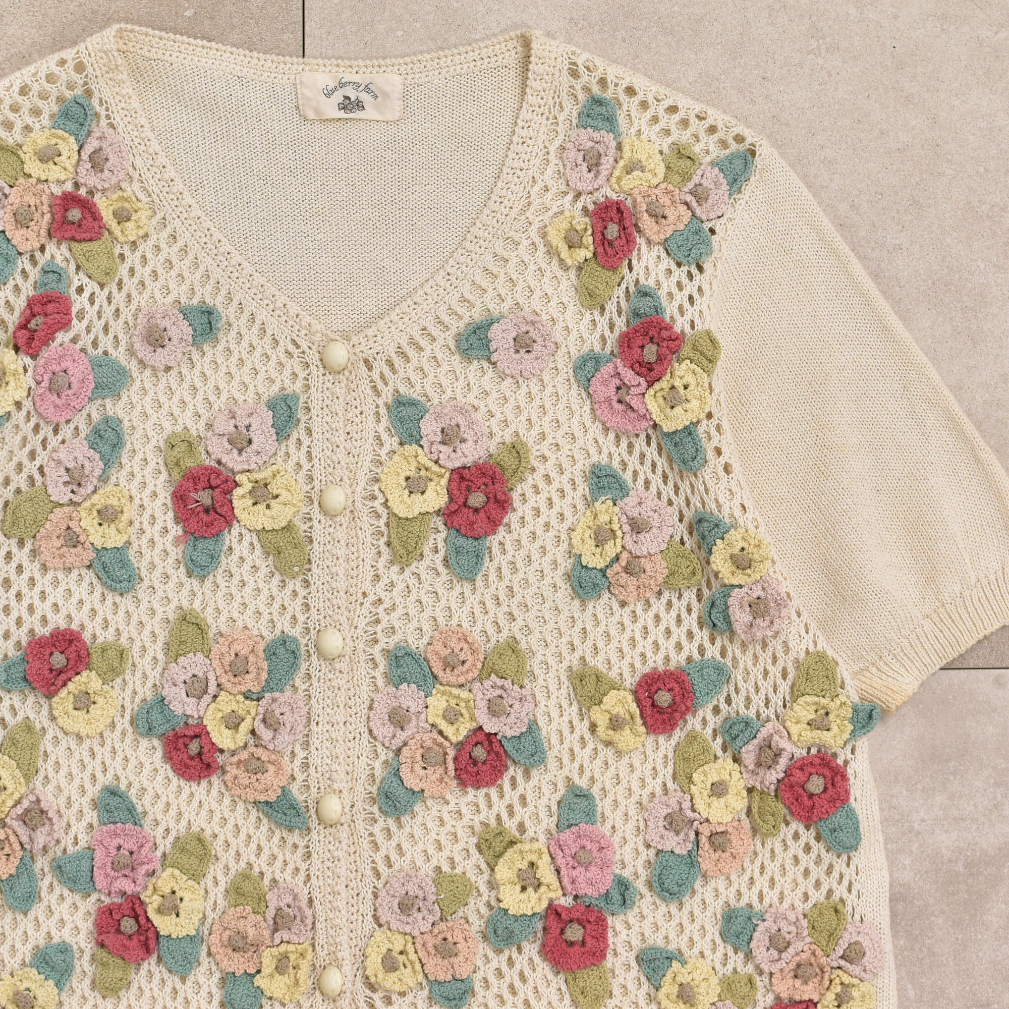 【海外】ヴィンテージ手編み カーディガン 花柄 ニット 刺繍 ラミーコットン