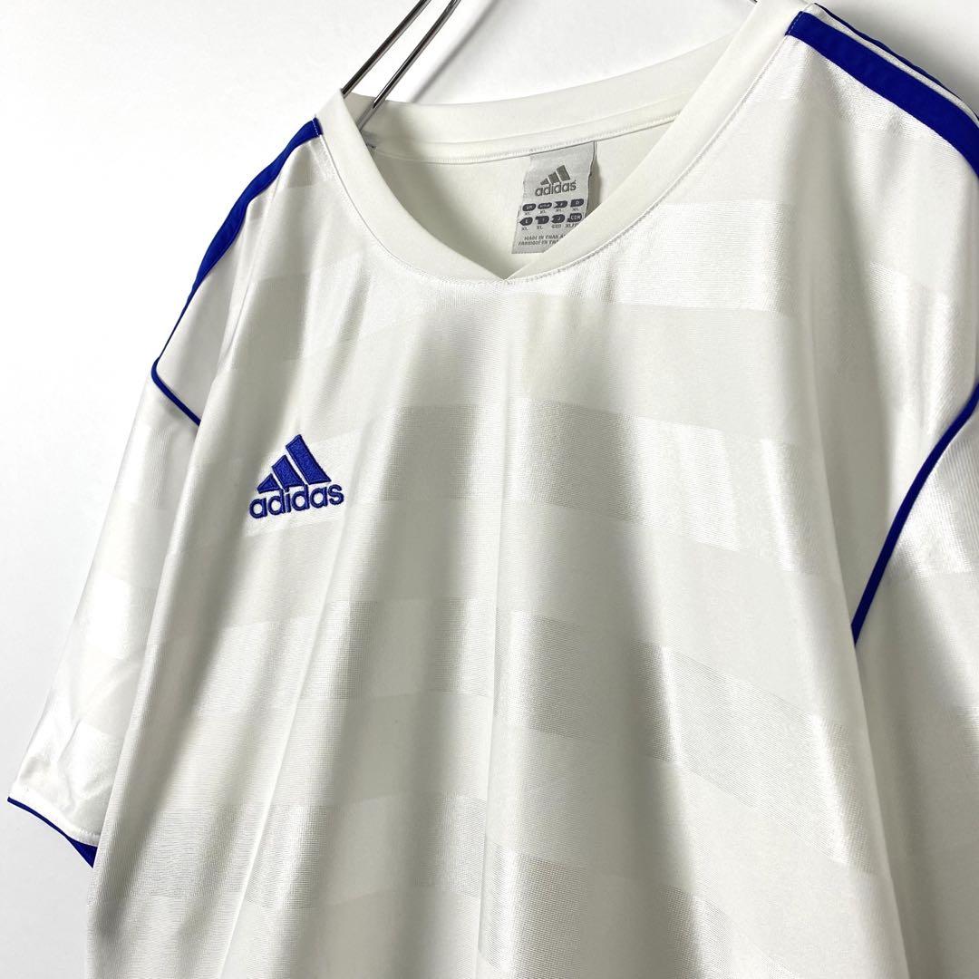 古着 adidas サッカー Tシャツ Vネック 3本ライン ボーダー 白 XL