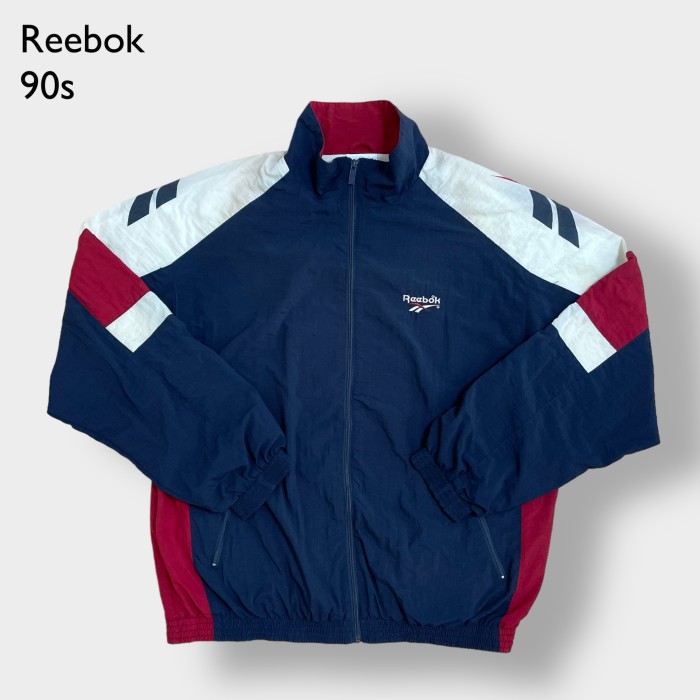 Reebok】90s ナイロンジャケット ブルゾン 刺繍ロゴ 袖ロゴ フルジップ ...