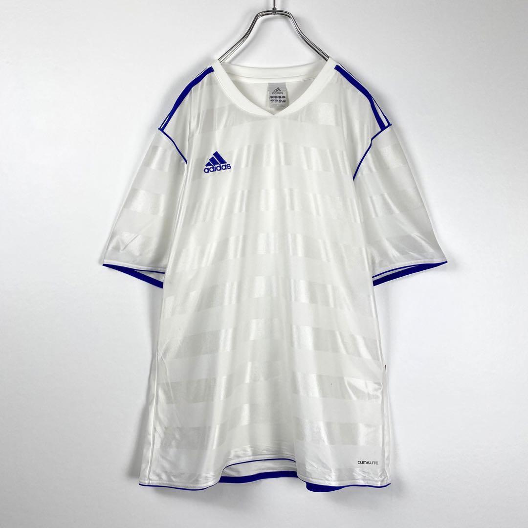 古着 adidas サッカー Tシャツ Vネック 3本ライン ボーダー 白 XL