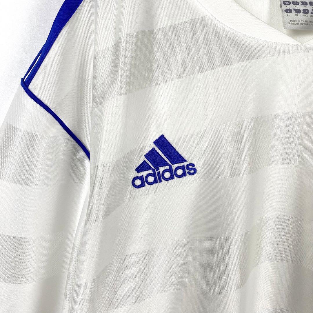 古着 adidas サッカー Tシャツ Vネック 3本ライン ボーダー 白 XL