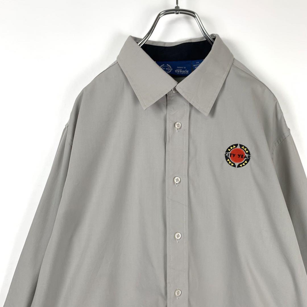 90s USA古着 企業ロゴ 刺繍 シティイヤー 長袖シャツ グレー XL相当 