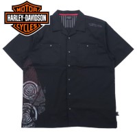 HARLEY DAVIDSON 半袖 オープンカラー ワークシャツ XL ブラック コットン ロゴプリント ビッグサイズ | Vintage.City 古着屋、古着コーデ情報を発信
