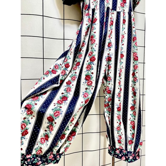 大きな襟 リボン装飾 花柄 ストライプ柄 古着 ヴィンテージオールインワン | Vintage.City 빈티지숍, 빈티지 코디 정보