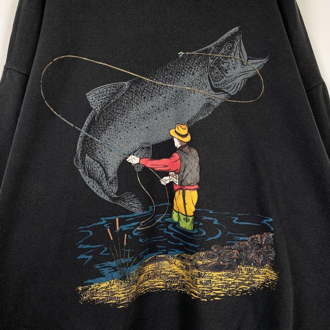 90s カナダ製 ヴィンテージ 釣り 魚 トラウト アニマル スウェット 黒