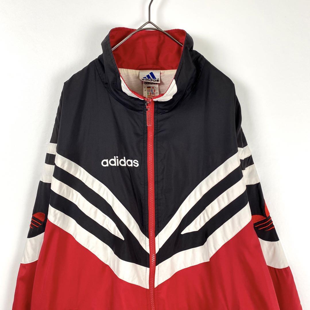 90s adidas トレフォイル 袖ロゴ ナイロンジャケット 黒赤白 XL