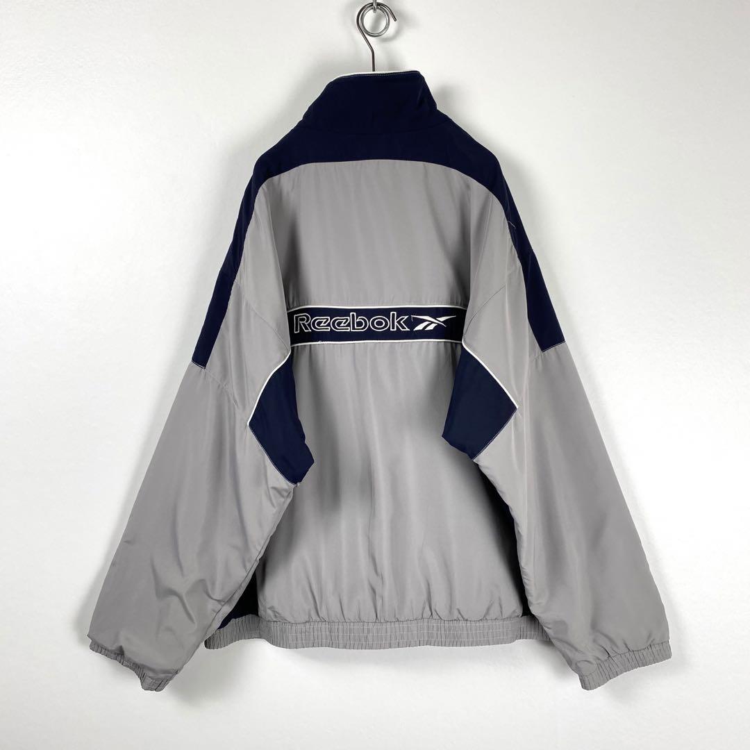 90s Reebok バックロゴ刺繍 バイカラー ナイロンジャケット 灰紺 L 