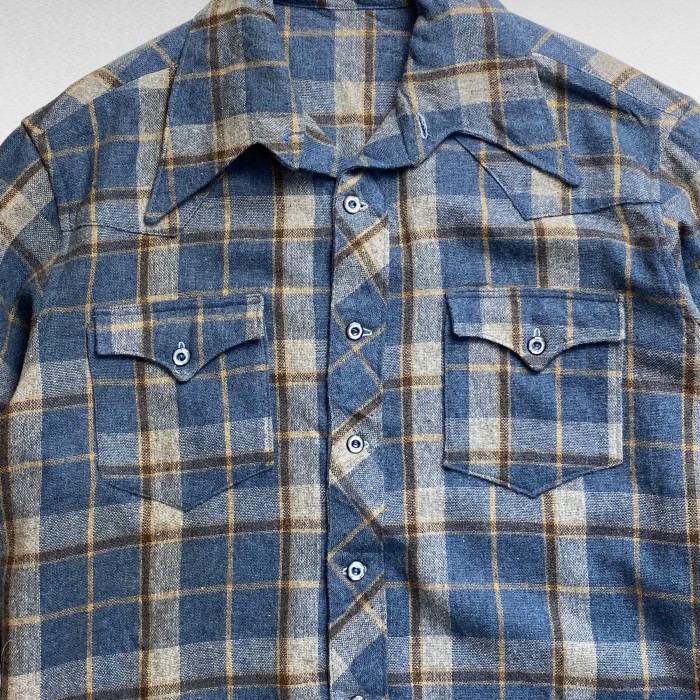 70's】 ウエスタン ウールチェックシャツ 開襟シャツ オープンカラー