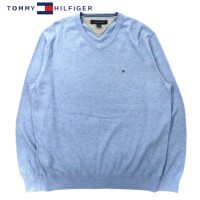 TOMMY HILFIGER Vネック ニット セーター L ブルー コットン ワンポイントロゴ | Vintage.City 古着屋、古着コーデ情報を発信