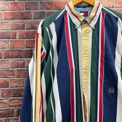 90s Tommy Hilfiger トミーヒルフィガー ストライプシャツ シャツ ロゴ 刺繍 ワンポイントビックサイズ  XL | Vintage.City 古着屋、古着コーデ情報を発信