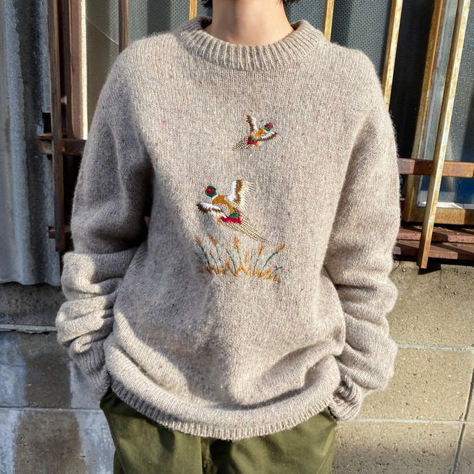 80年代 USA製 LORD JEFF キジ 鳥 アニマル 刺繍 ウールニットセーター