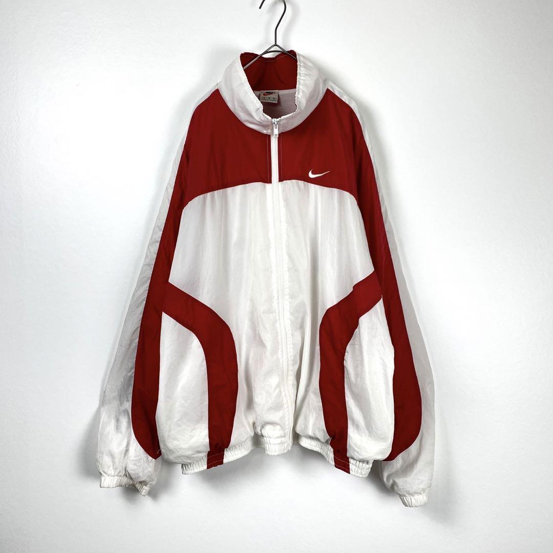 90s NIKE 白タグ スウッシュ ロゴ刺繍 ナイロンジャケット 白赤 XL