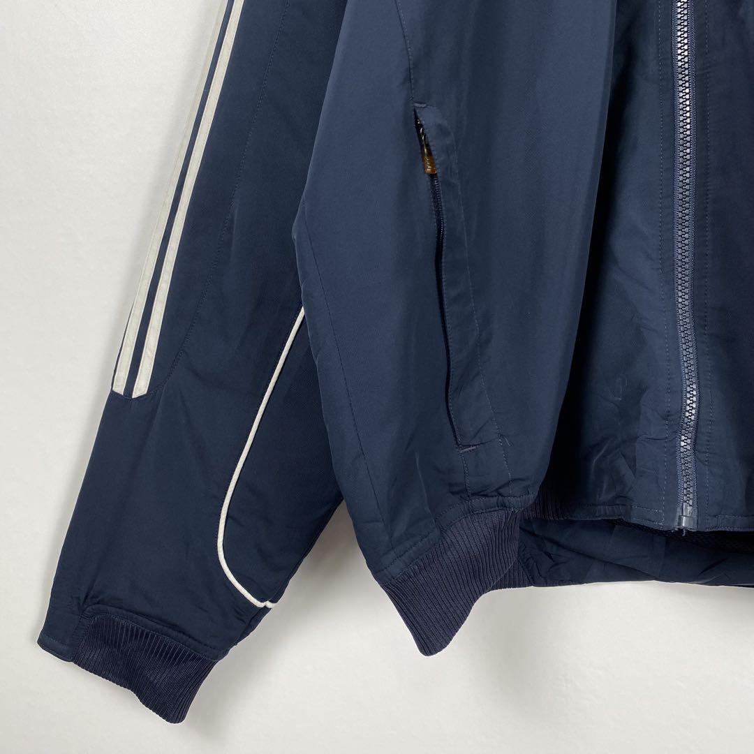 adidas スリーライン ロゴ刺繍 パイピング ナイロンジャケット 紺白 XL