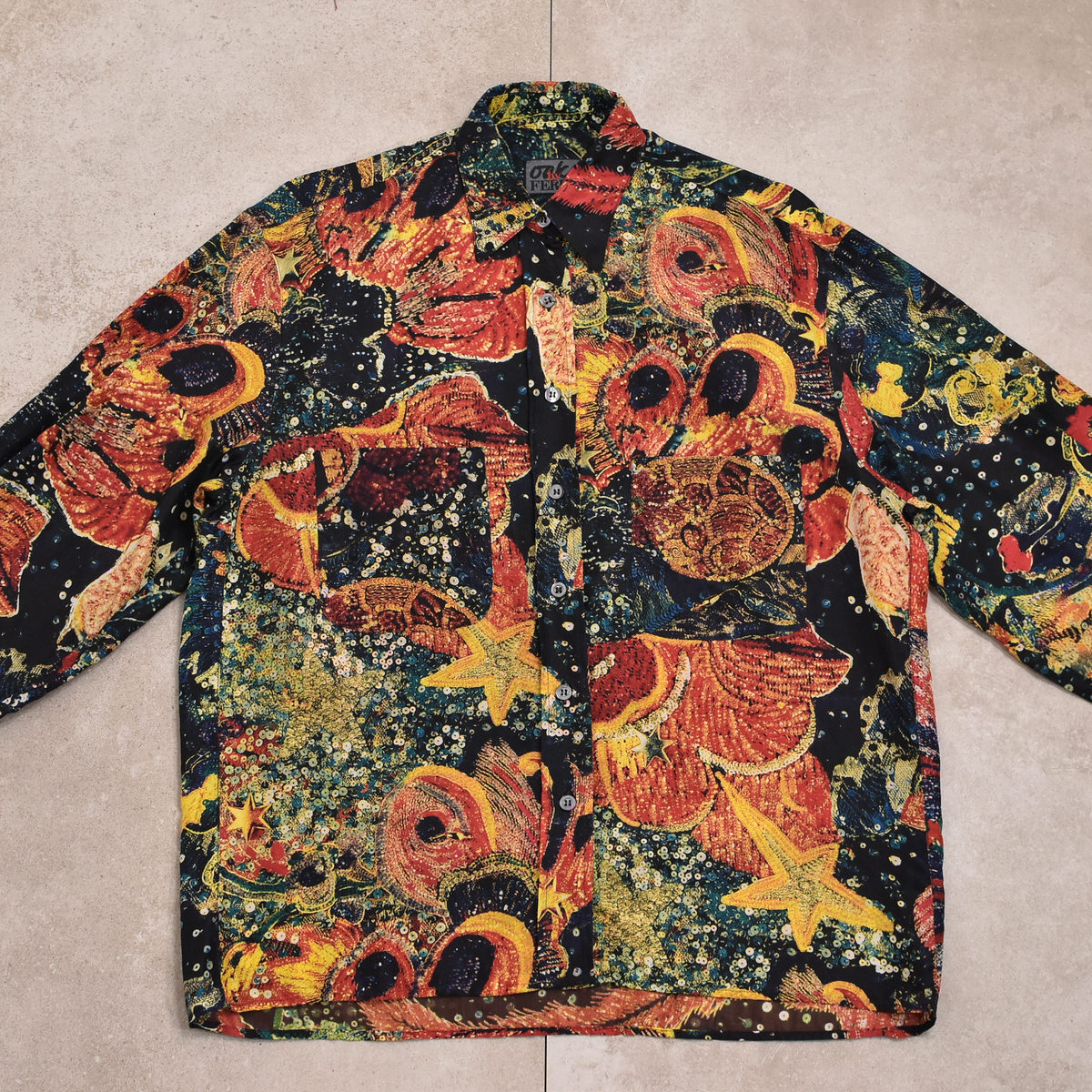 ひなの古着屋☪️☪️【入手困難】90s ヴィンテージ 日本製 総柄 アート デザインシャツ ボルドー