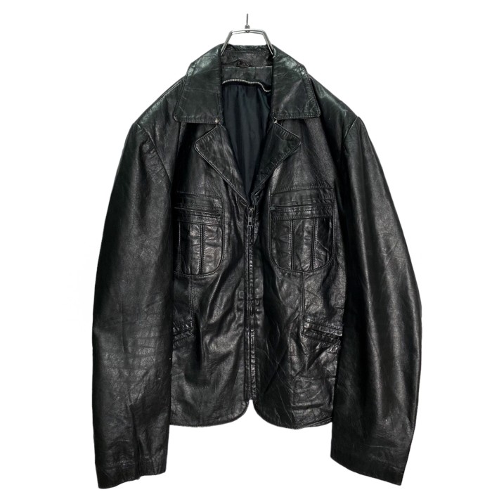 90-00s zip-up design black leather jacket | Vintage.City