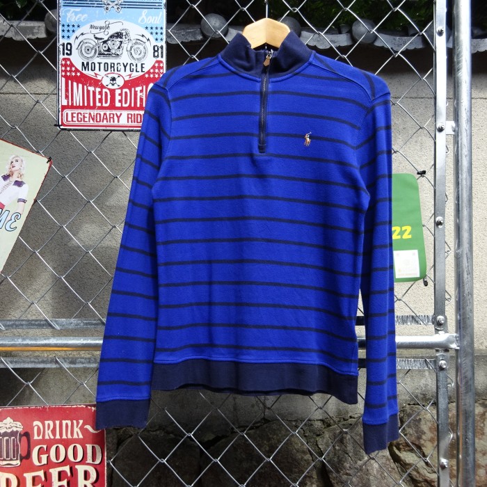 ラルフローレン ハーフジップ L ブルー ボーダー ロンT ネイビー 刺繍ロゴ 8537 | Vintage.City 古着屋、古着コーデ情報を発信