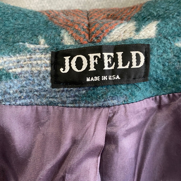 80年代 USA製 JOFELD ショールカラーコート ネイティブ柄 レディースXL