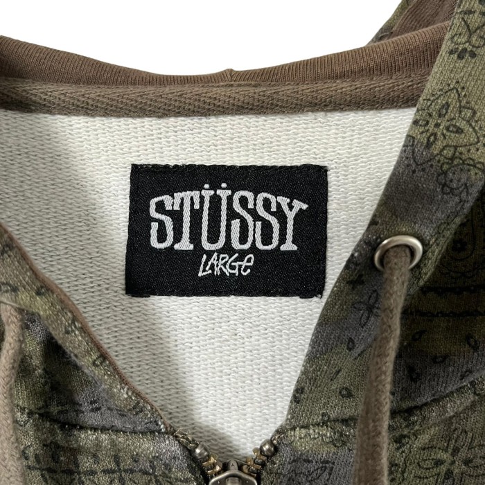 stussy ステューシー パーカー L ジップアップ 刺繍ロゴ 総柄 90s ...