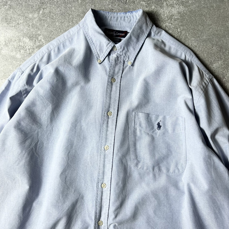 90s ラルフローレン コットン 長袖 ボタンダウンシャツ XL ポニー刺繍 紺トップス
