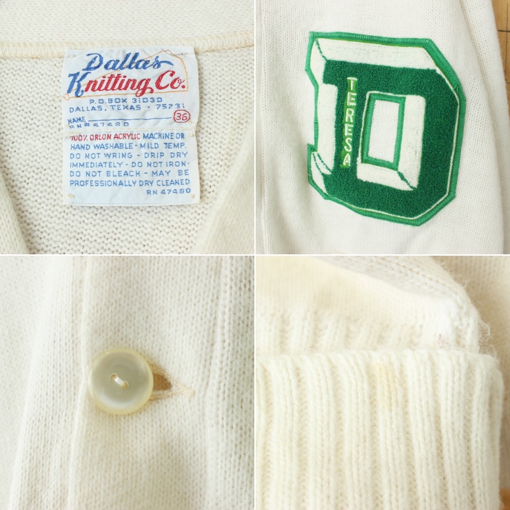60s 70s USA Dallas Knitting Co レタード カーディガン ホワイト