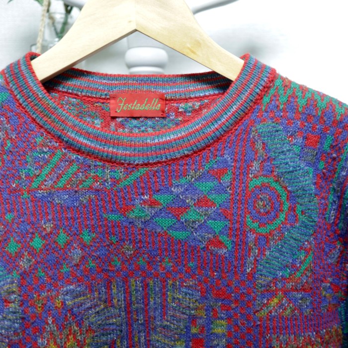 Geometric Pattern Knit Sweater Red&Blue | Vintage.City 古着屋、古着コーデ情報を発信