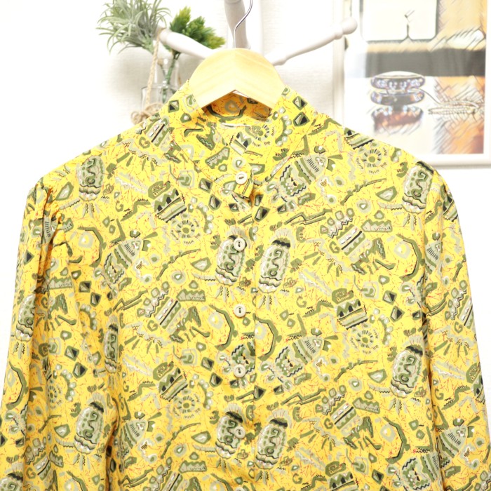 Whole Pattern Stand Collar Shirt Mustard | Vintage.City 古着屋、古着コーデ情報を発信
