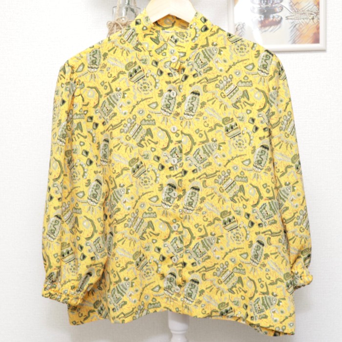 Whole Pattern Stand Collar Shirt Mustard | Vintage.City 빈티지숍, 빈티지 코디 정보