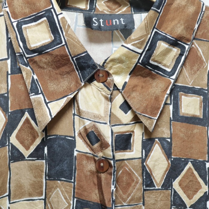 Block Pattern Silk Shirt Brown | Vintage.City 빈티지숍, 빈티지 코디 정보