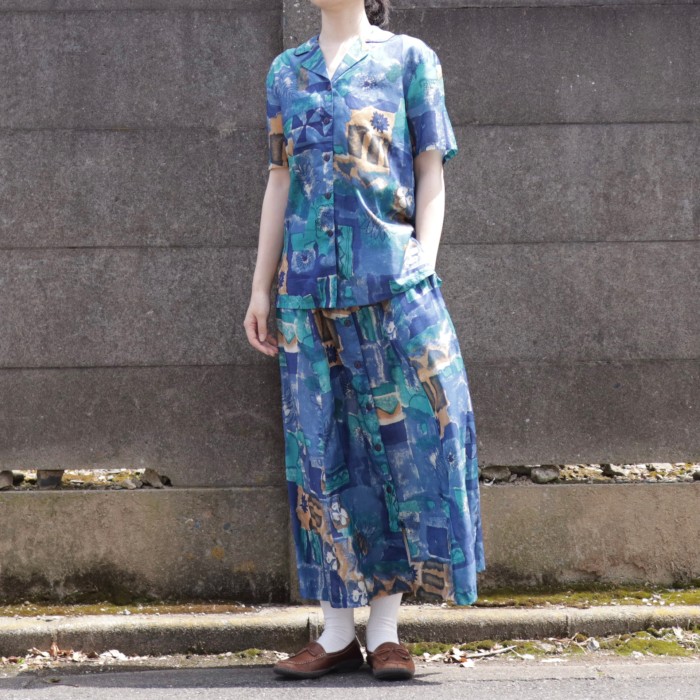 Silk Shirt&Skirt Set Up Blue | Vintage.City 빈티지숍, 빈티지 코디 정보