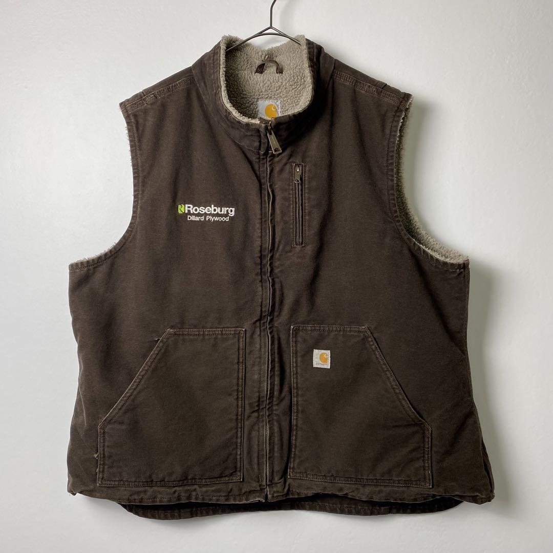 Carhartt 企業ロゴ ダックベスト 裏ボア ブラウン 2XL S1011 | Vintage