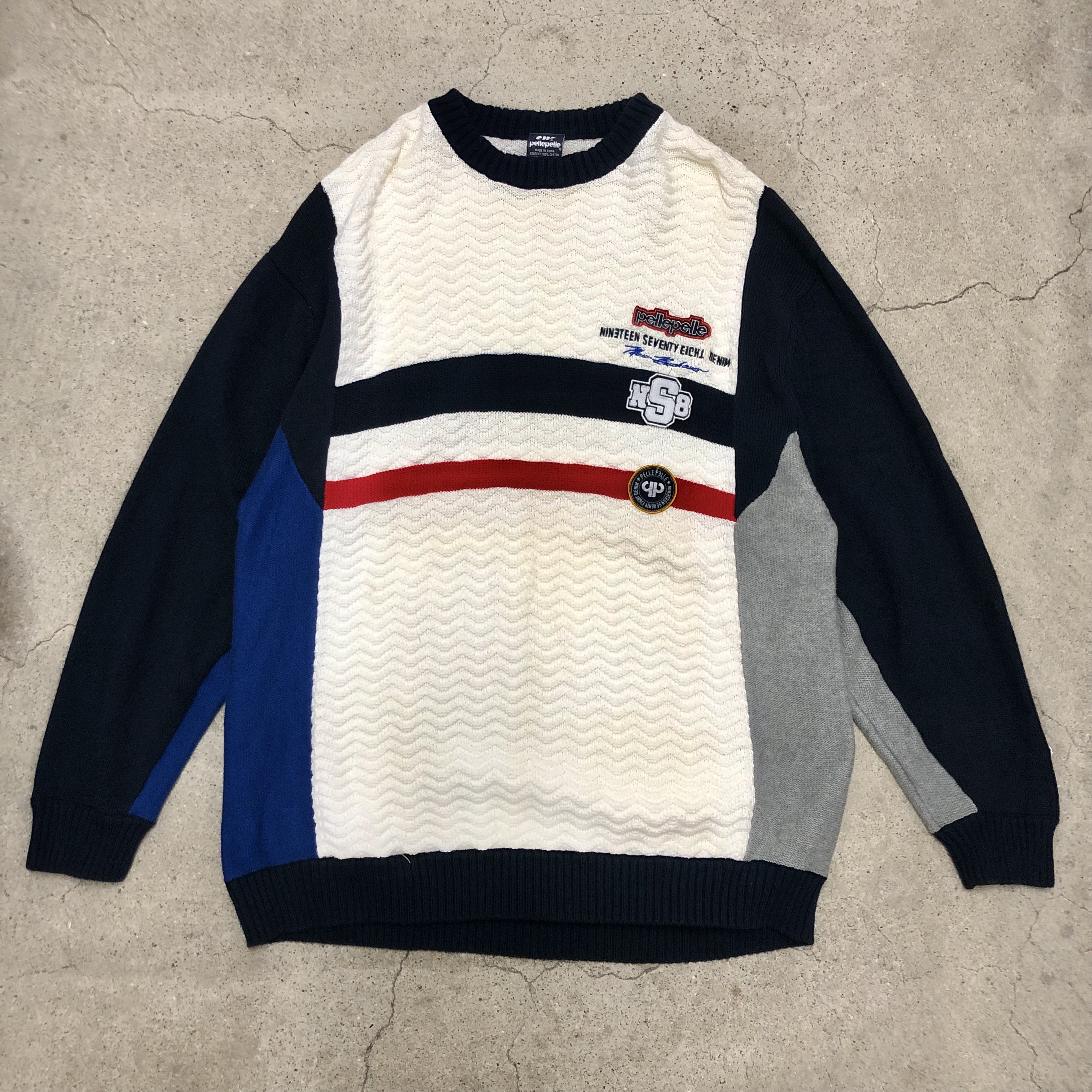 90～00s PELLE PELLELogo patch cotton knitXLロゴワッペン刺繍