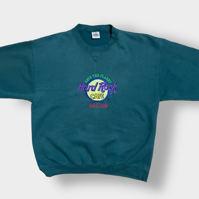 Hard Rock Cafe 90s USA製 スウェット トレーナー ロゴ 刺繍 プルオーバー ディープグリーン ユニセックス XL ビッグサイズ ヴィンテージ  ビンテージ オールド ハードロックカフェ ボストン US古着 | Vintage.City 古着屋、古着コーデ情報を発信