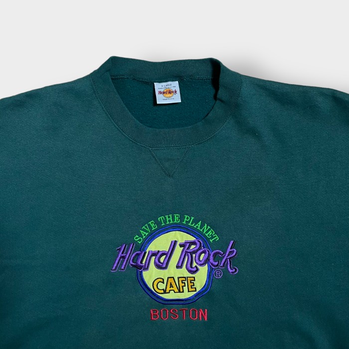 Hard Rock Cafe 90s USA製 スウェット トレーナー ロゴ 刺繍 プルオーバー ディープグリーン ユニセックス XL ビッグサイズ ヴィンテージ  ビンテージ オールド ハードロックカフェ ボストン US古着 | Vintage.City 古着屋、古着コーデ情報を発信